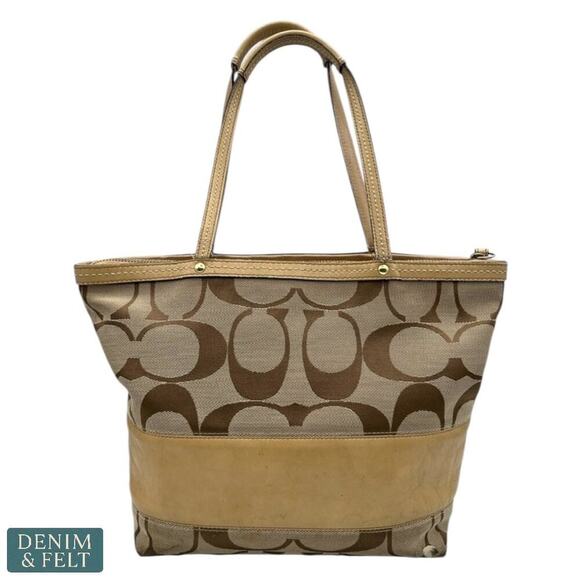 Coach Signature Canvas & Leather Tote Bag Tan Brown/Pink Zip Top Shoulder Purse - Picture 1 of 13
